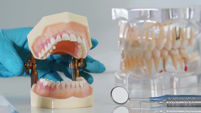 Anatomical model of a human jaw with teeth for a dentist with caries, dental crowns, a dental implant close-up on a light surface and doctor shows bite problems with dental probe and mirror