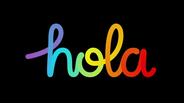 Colorful gradient &ldquo;hola&rdquo; lettering abstract loop sticker with smooth flowing line and bold black outline on transparent background