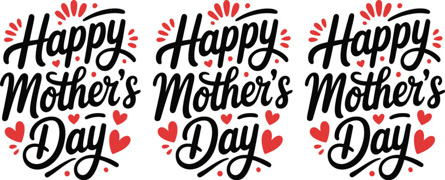 Happy Mothers Day seamless pattern, modern repeating typography with brush script text red hearts and ornamental elements for festive card and banner graphics.