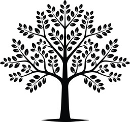 Obraz premium Stylized black silhouette tree with symmetrical branches and dense oval leaves, elegant design suitable for logos, family tree diagrams, education, and decorative illustration concepts