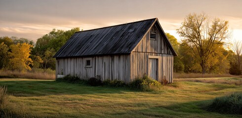 Obraz premium Rustic Barn's Golden Hour An aged wooden barn stands as a testament to time amidst a serene landscape, illuminated by the warm hues of the setting sun.
