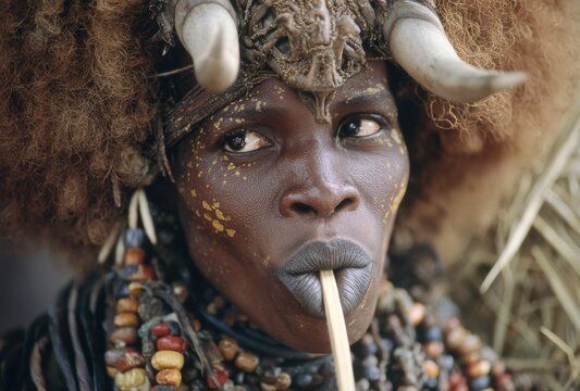 Surma tribe men with lip plates and horns in traditional attire