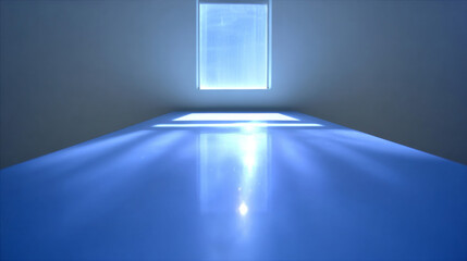 Blue space with sunlight from window creating reflections