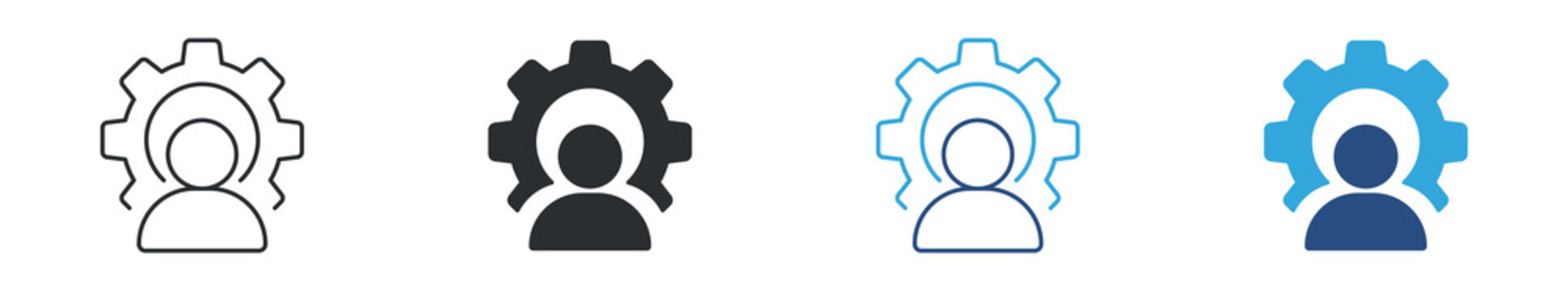 User settings icon set. Person with gear symbol, account configuration, profile settings and system management concept. Vector illustration.