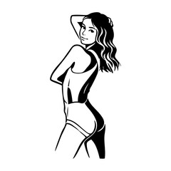 Dibujo sencillo con líneas de una chica joven con bikini, posando de espaldas con una mano en la cabeza  © teracreonte
