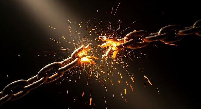 Symbolic image of a breaking chain with sparks, representing freedom, strength, and breaking barriers