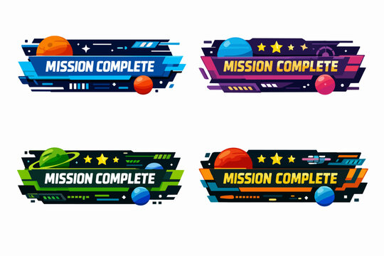 Mission complete game interface element with planet and stars, level up achievement
