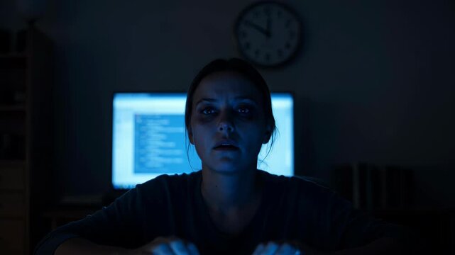 Exhausted young woman with dark circles intensely staring at a glowing computer screen in a dark room late at night, showing digital fatigue and online stress