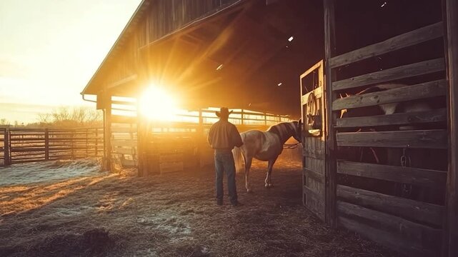 A man in a hat watches a horse in a barn as a sunrise bathes the scene in warm light