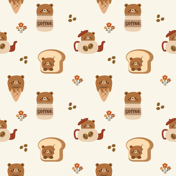Head bear cartoon so cute. On ice cream plastic cup bread teapot coffee flower background. Pattern seamless vector illustration. 