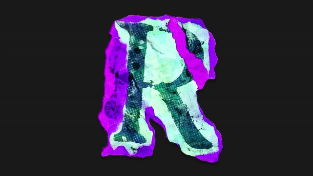 A drag and drop vibrant and brightly coloured typographic letter with alpha, in a torn creased up paper and card punk style that folds out in to place with worn aged effects and paper tears.
