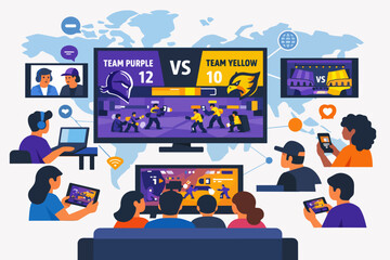 Obraz premium Global esports streaming with multiple devices, people watching live video game tournaments