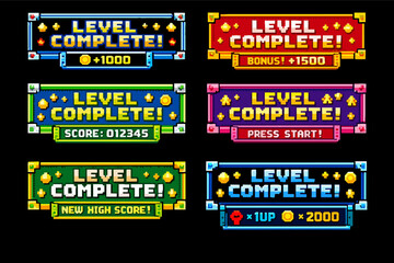 Naklejka premium Retro pixel art level complete game interface banners showing various rewards