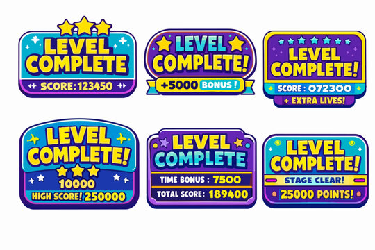 Level complete screens for arcade games, showing victory, scores, and bonuses