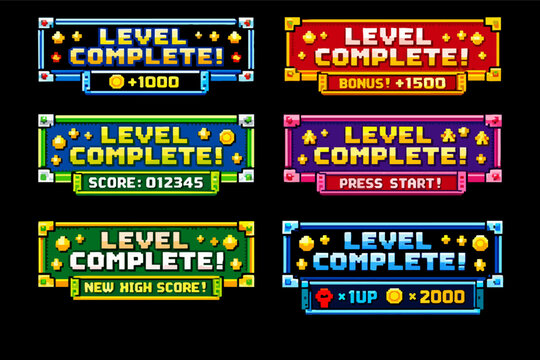 Retro pixel art level complete game interface banners showing various rewards