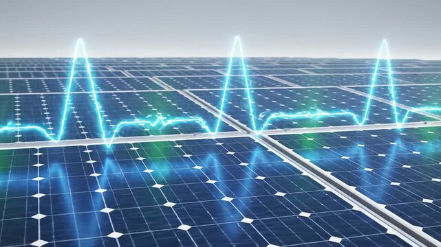Array of Solar Panels Generating Clean Energy With Digital Waveform Overlay
