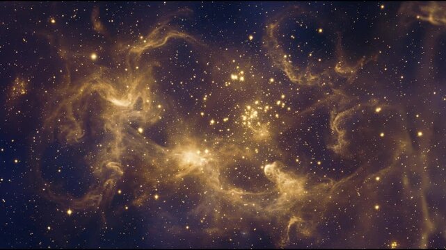 Abstract cosmic scene with golden gas clouds swirling around a dense star cluster in calm seamless ethereal galactic motion