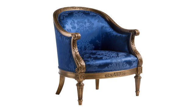 Isolated luxurious ornate blue damask armchair with carved antique frame baroque rococo style furniture