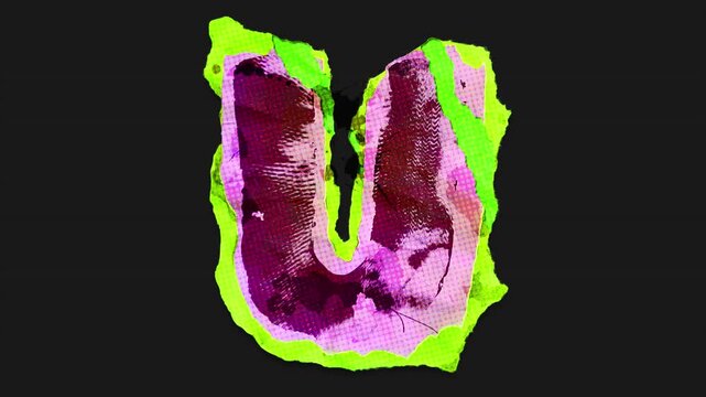 A drag and drop vibrant and brightly coloured typographic letter with alpha, in a torn creased up paper and card punk style that folds out in to place with worn aged effects and paper tears.

