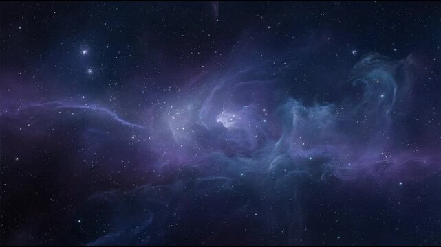 Cosmic nebula scene with flowing purple and blue mist drifting across a star filled deep space background in smooth seamless ethereal motion
