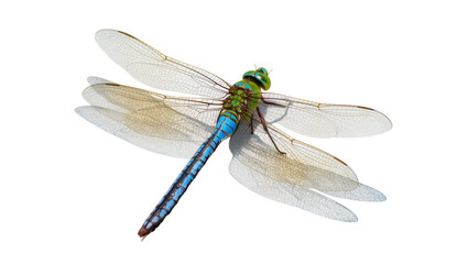 Isolated large blue and green dragonfly, close-up of intricate body and delicate wings © Federica