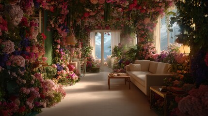 Fototapeta premium Floral-filled interior scene, flowers covering the entire room without gaps, vibrant and fresh atmosphere, magical indoor garden, cinematic realism, 8k