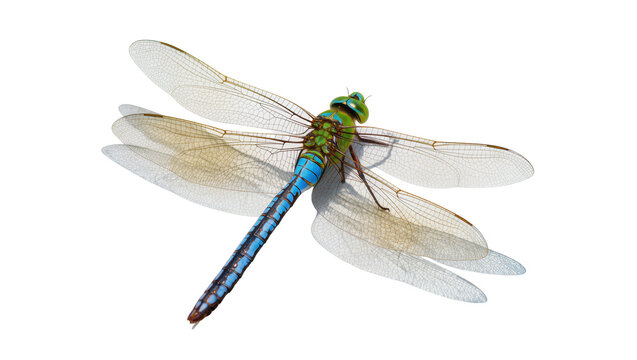 Isolated large blue and green dragonfly, close-up of intricate body and delicate wings