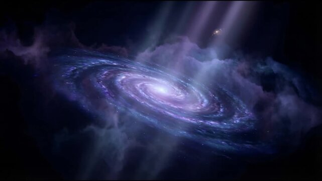 Spiral galaxy scene with radiant violet and blue nebula clouds swirling around a bright galactic core in smooth seamless ethereal motion