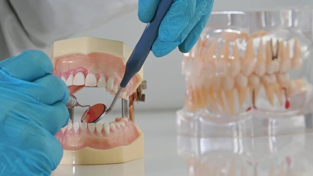Anatomical model of a human jaw with teeth for a dentist with caries, dental crowns, a dental implant close-up on a light surface and doctor shows bite problems with dental probe and mirror