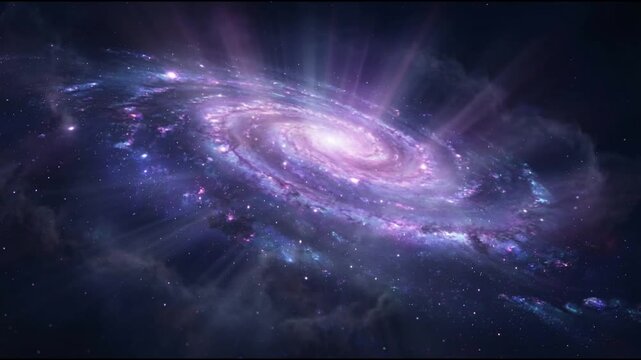 Spiral galaxy scene with luminous pink purple and blue nebula clouds swirling around a radiant galactic core in smooth seamless ethereal motion