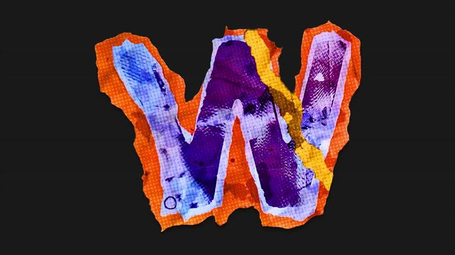 A drag and drop vibrant and brightly coloured typographic letter with alpha, in a torn creased up paper and card punk style that folds out in to place with worn aged effects and paper tears.
