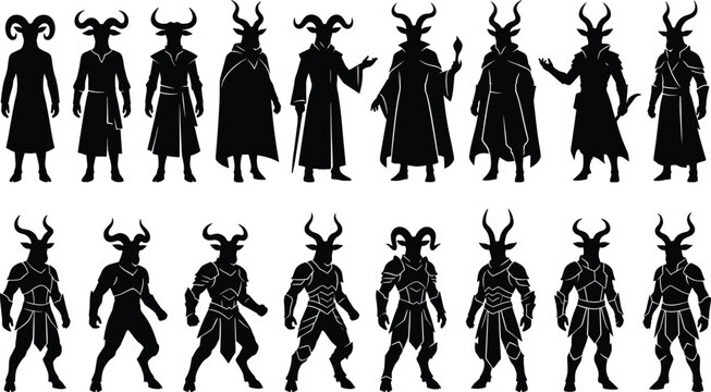 Fantasy demon horned warrior silhouette set, mythical satyr faun and devil characters in armor robes for gaming rpg dark forest and hell concept