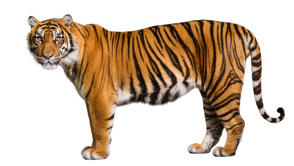 Obraz premium Isolated majestic tiger standing and looking at camera, powerful wild feline animal