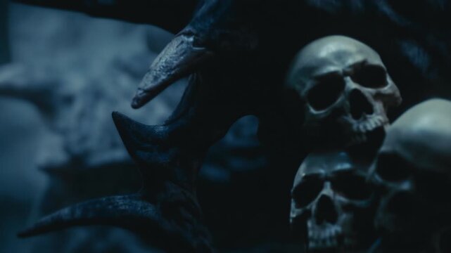 Cinematic 3D animation of a dark witch den. Grungy human skulls merged into a twisted tree with sharp fangs on its branches. Parallax camera movement through a gloomy misty forest. Moody atmosphere.