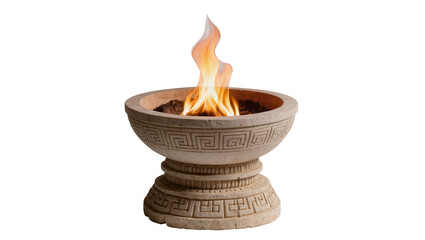 Isolated ornamental stone fire bowl with burning flame, featuring classical Greek key pattern design. © Ryan