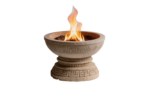 Isolated ornamental stone fire bowl with burning flame, featuring classical Greek key pattern design.