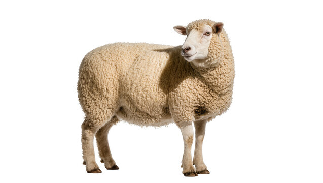 Isolated full body portrait of a domestic sheep with thick wool standing calmly
