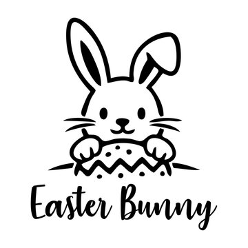 Logotipo conejo de Pascua. Dibujo sencillo con l&iacute;neas de un conejito con un huevo de Pascua y el texto Easter Bunny, para felicitaciones y tarjetas