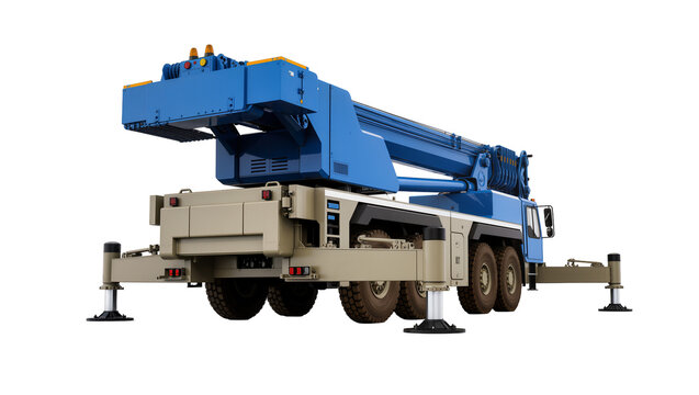 Isolated modern blue mobile crane truck with extended outriggers for heavy lifting work