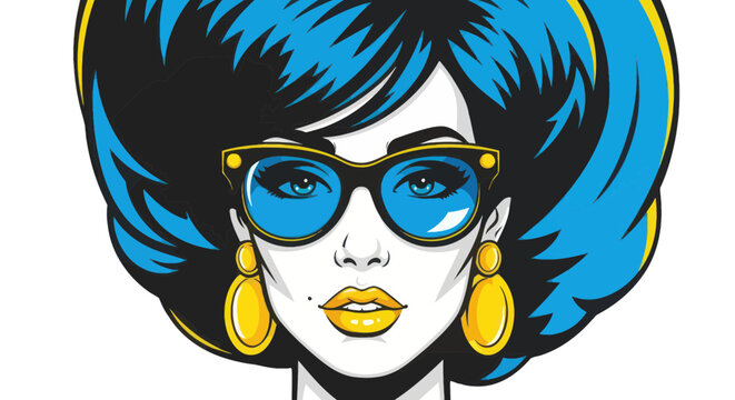 Glamorous Woman, Pop Art Style, Blue Hair, Sunglasses, Yellow Lips, Retro Fashion