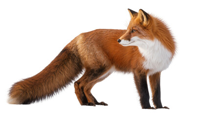 Fototapeta premium Isolated red fox standing in side view, a majestic wild animal with vibrant fur and a bushy tail.