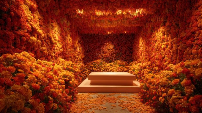 Room inside a house completely covered in warm orange flowers only, energetic mood, empty podium stage in the middle, dense floral layers, 8k