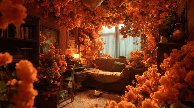 Room inside a house completely covered in warm orange flowers only, energetic mood, empty podium stage in the middle, dense floral layers, 8k