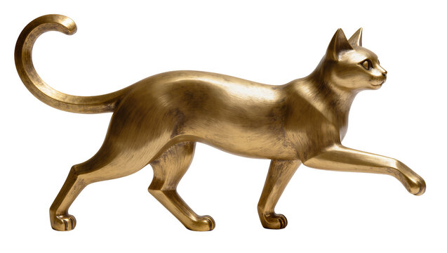 Isolated elegant golden feline statue, a graceful cat walking with sleek metallic finish