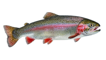 Obraz premium Isolated vibrant rainbow trout with striking pink stripe and distinctive spots, side view.