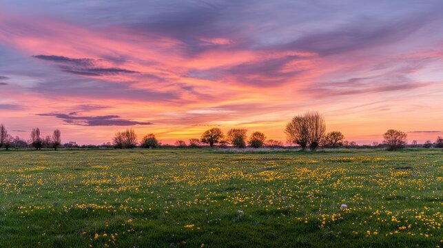 English countryside at sunset with yellow wildflowers and green grass under vibrant pink clouds, peaceful serene landscape with trees, colorful sky and golden hour light showing natural beauty