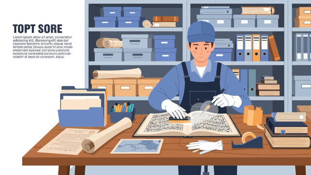 Archivist organizing historical documents in a library with tools