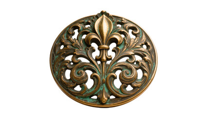 Isolated detailed antique bronze emblem featuring a central fleur de lis and elegant scrollwork © Sindre