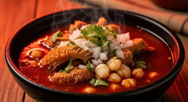 Steaming Authentic Mexican Menudo Rojo (Tripe Soup) with Hominy, Generously Topped with Chopped Onions and Cilantro