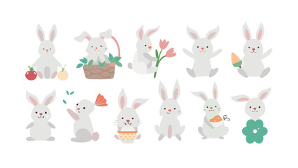Obraz premium Set of Adorable Cartoon Easter Bunnies with Flowers Carrots and Baskets on White Background. Kawaii Rabbit Characters for Spring Celebration and Seasonal Holidays
